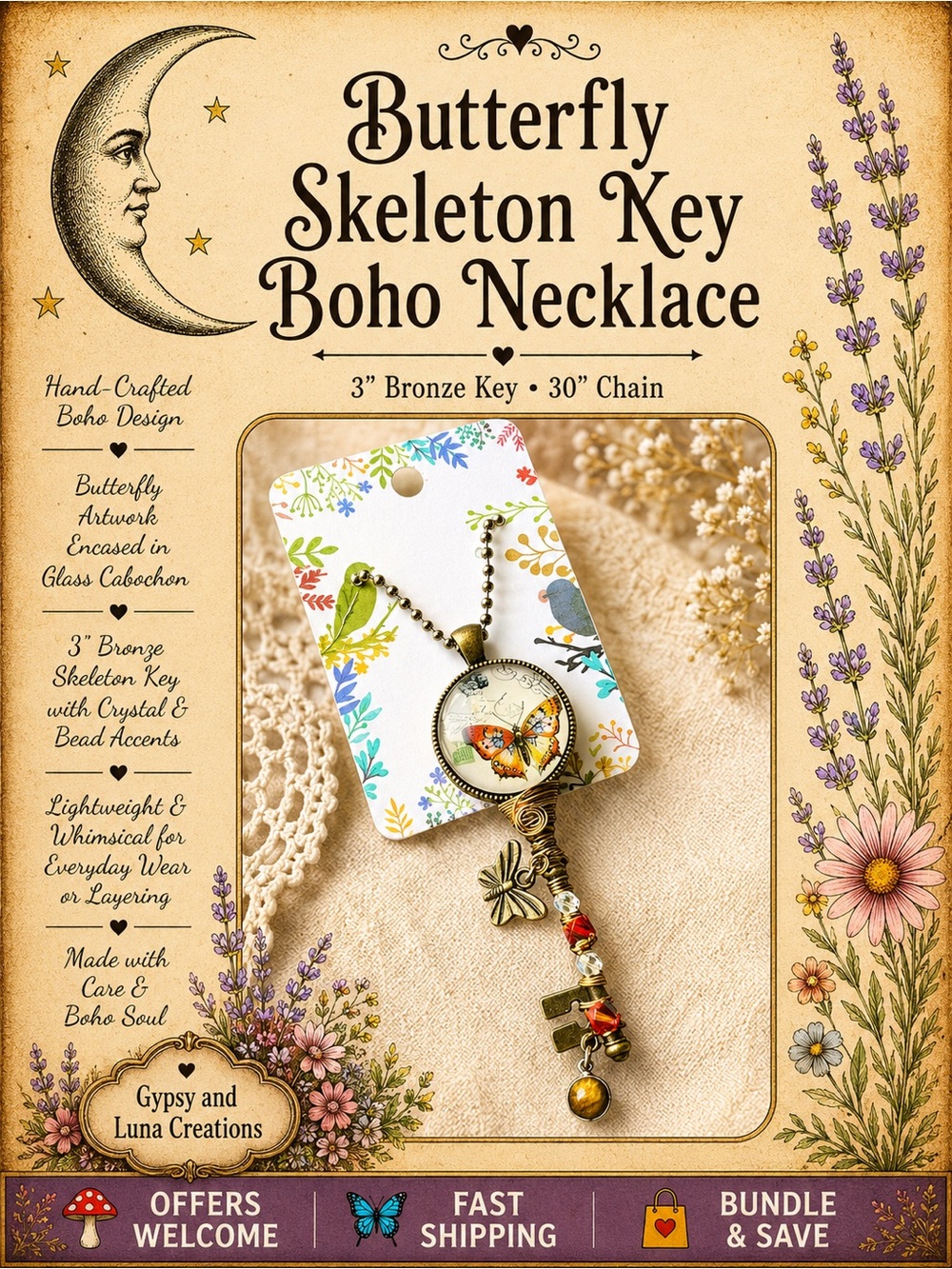 Handmade Bronze Skeleton Key Necklace Butterfly Cabochon Boho Vintage 30”